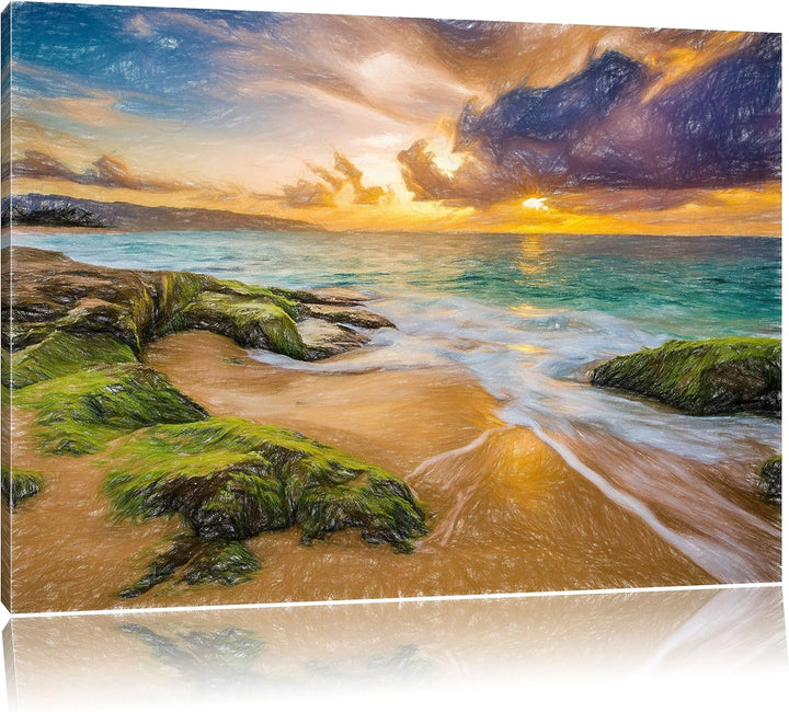 Pixxprint Sonnuntergang auf Hawaii Kunst Buntstift Effekt, Format: 100x70 auf Leinwand, 100x70