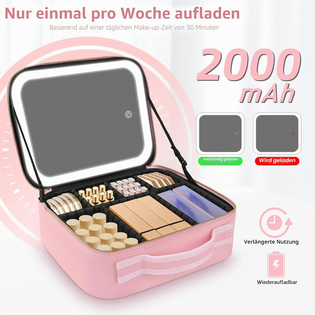 Reise-Schminktasche mit LED-Spiegel, Reise-Schminktasche mit beleuchtetem Spiegel, 3-Farben-Einstell