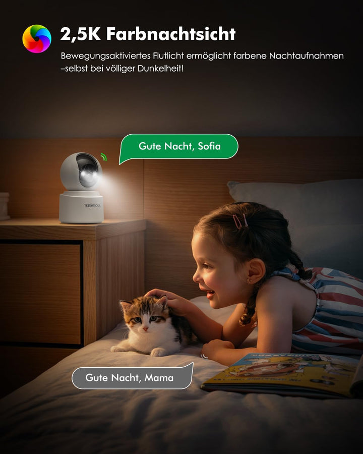 2,5K 4MP Überwachungskamera Innen Akku, 360° WLAN innenkamera mit akku, 2,4/5 GHz WiFi, 360° Kamera