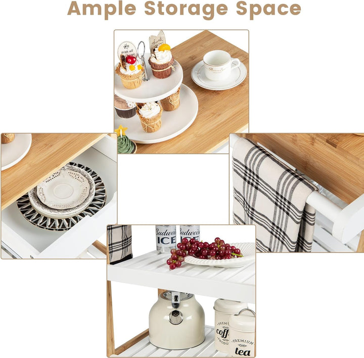 KOMFOTTEU Küchenwagen Kücheninsel aus Bambus & Holz, Servierwagen auf Rollen 66x40x85cm, Küchentroll