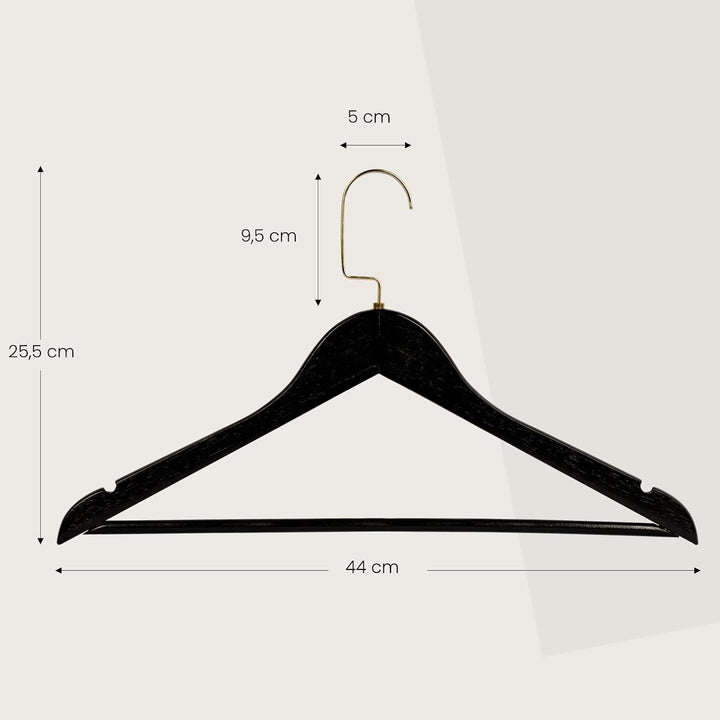 RSR-Hangers 10 Stück Kleiderbügel Holz Schwarz Holzkleiderbügel mit Hosensteg 44,5 cm | 360° drehbar