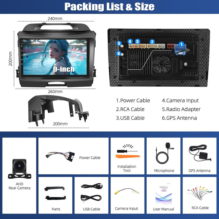 CAMECHO Android 15 Qualcomm 8-Kern 4+64G Autoradio für Kia sportage 2010-2016 mit Rückfahrkamera, 9