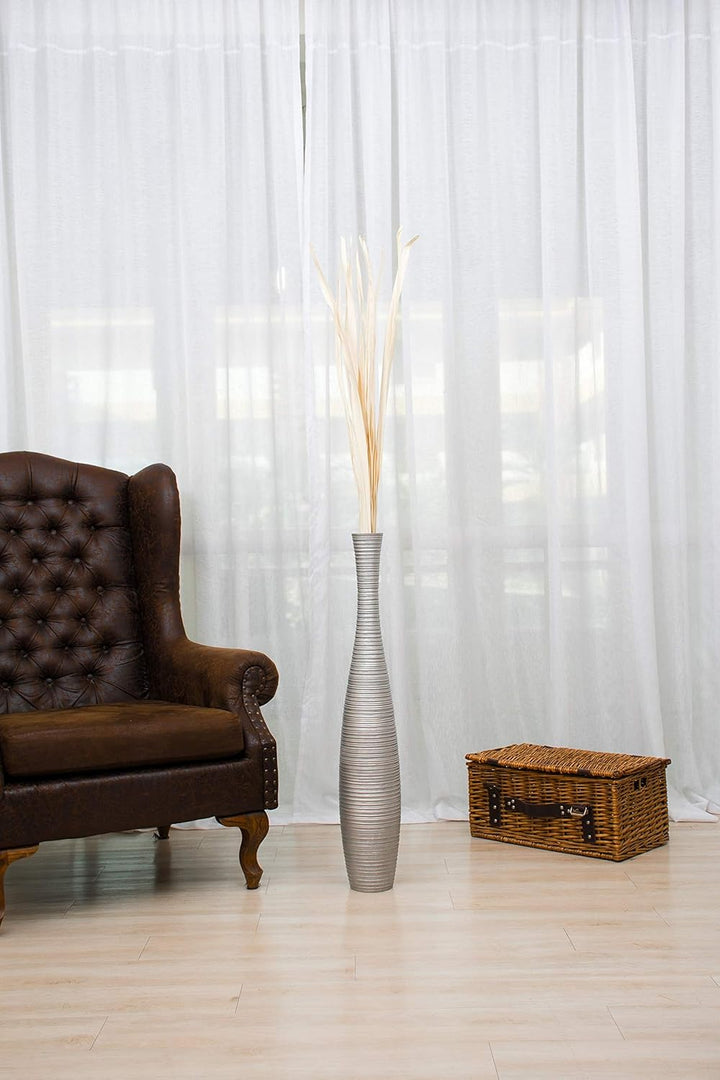 Leewadee Grosse Bodenvase für Dekozweige hohe Standvase Design Holzvase, Holz, 90 cm, Silber 90 cm S