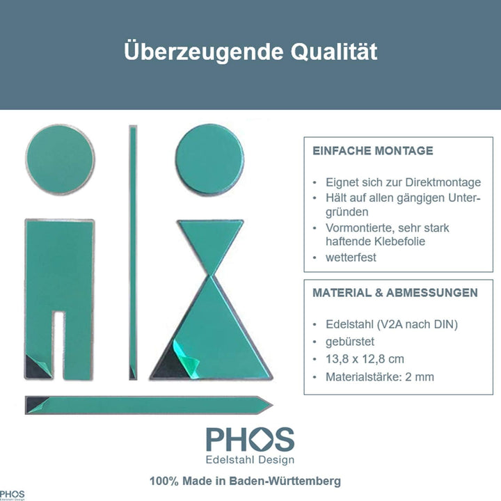 PHOS Design, P0202, Piktogramm WC-Symbol-Set 13,8 x 12,8 cm, Herren- und Damen-Toilette, Richtungspf
