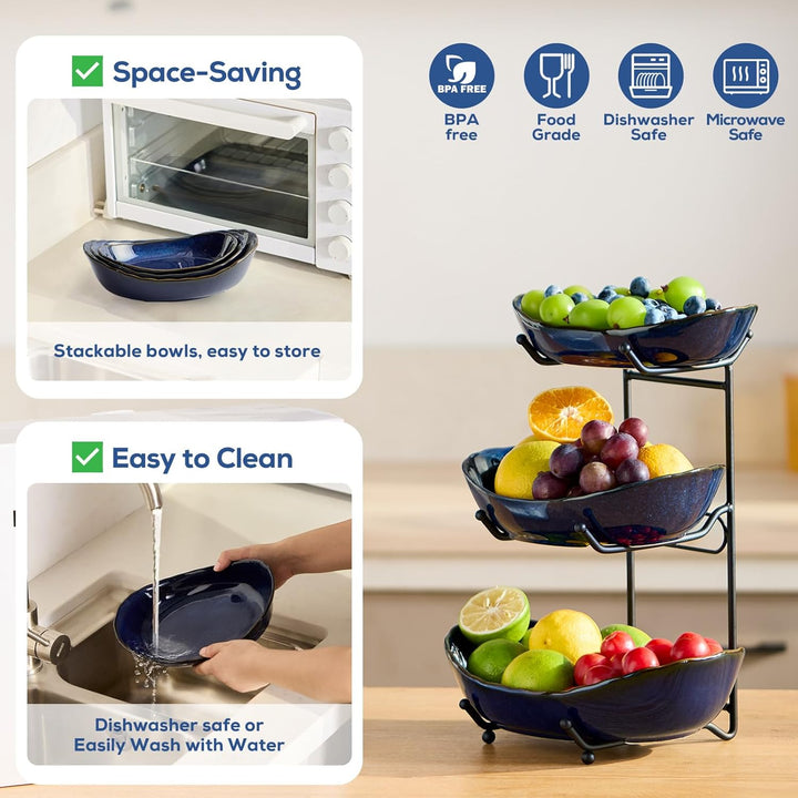 DUJUST Obst Etagere 3 Etagen, 3-stöckige Keramik Obstschale Modern mit Ofengebrannter Glasur, Platzs