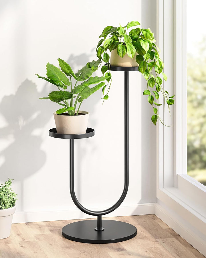 Bamworld Blumenständer Metall Schwarz, Pflanzenständer Indoor Outdoor, Modernes 2-stufiges Pflanzenr