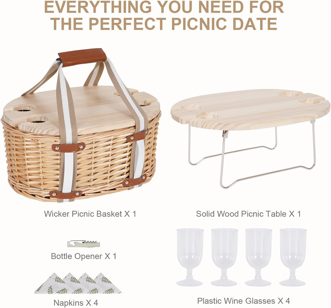 Picknickkorb-Set für 4 Personen – Isolierter Weidenkorb mit klappbarem Weintisch, Picknickset mit In