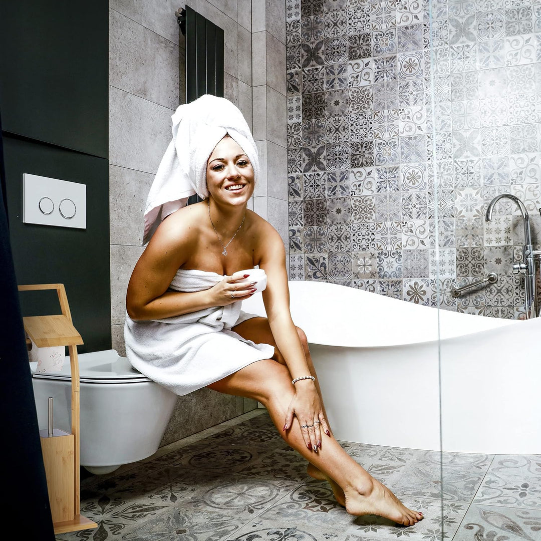 Relaxdays WC Garnitur, Bambus, Edelstahl, Klopapierständer mit Toilettenbürste, freistehend, HBT: 74