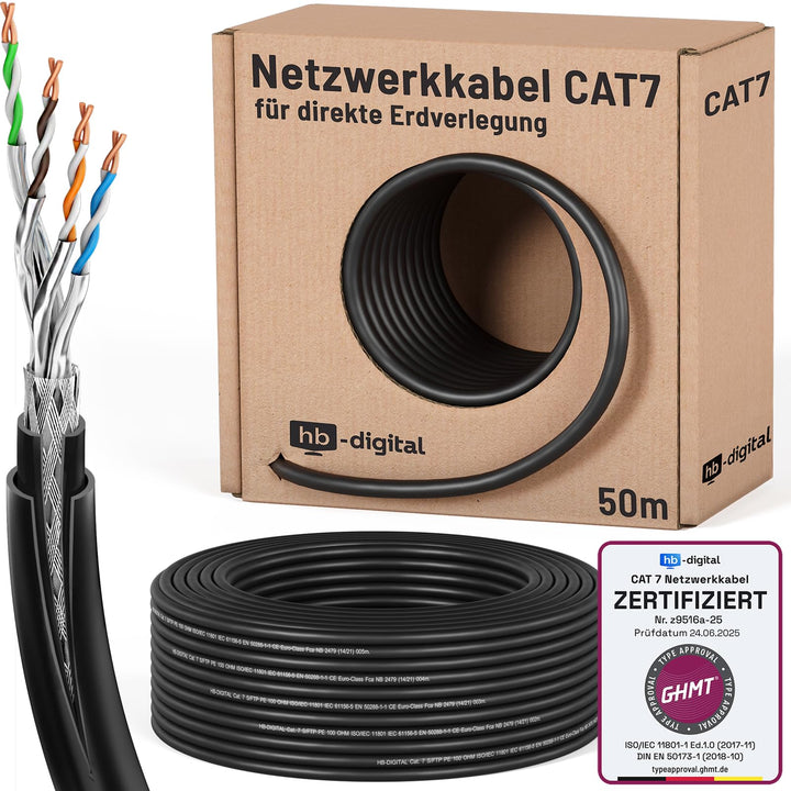 HB-DIGITAL 50m CAT 7 Outdoor Netzwerkkabel für direkte Erdverlegung -GHMT Zertifiziert- S/FTP AWG23