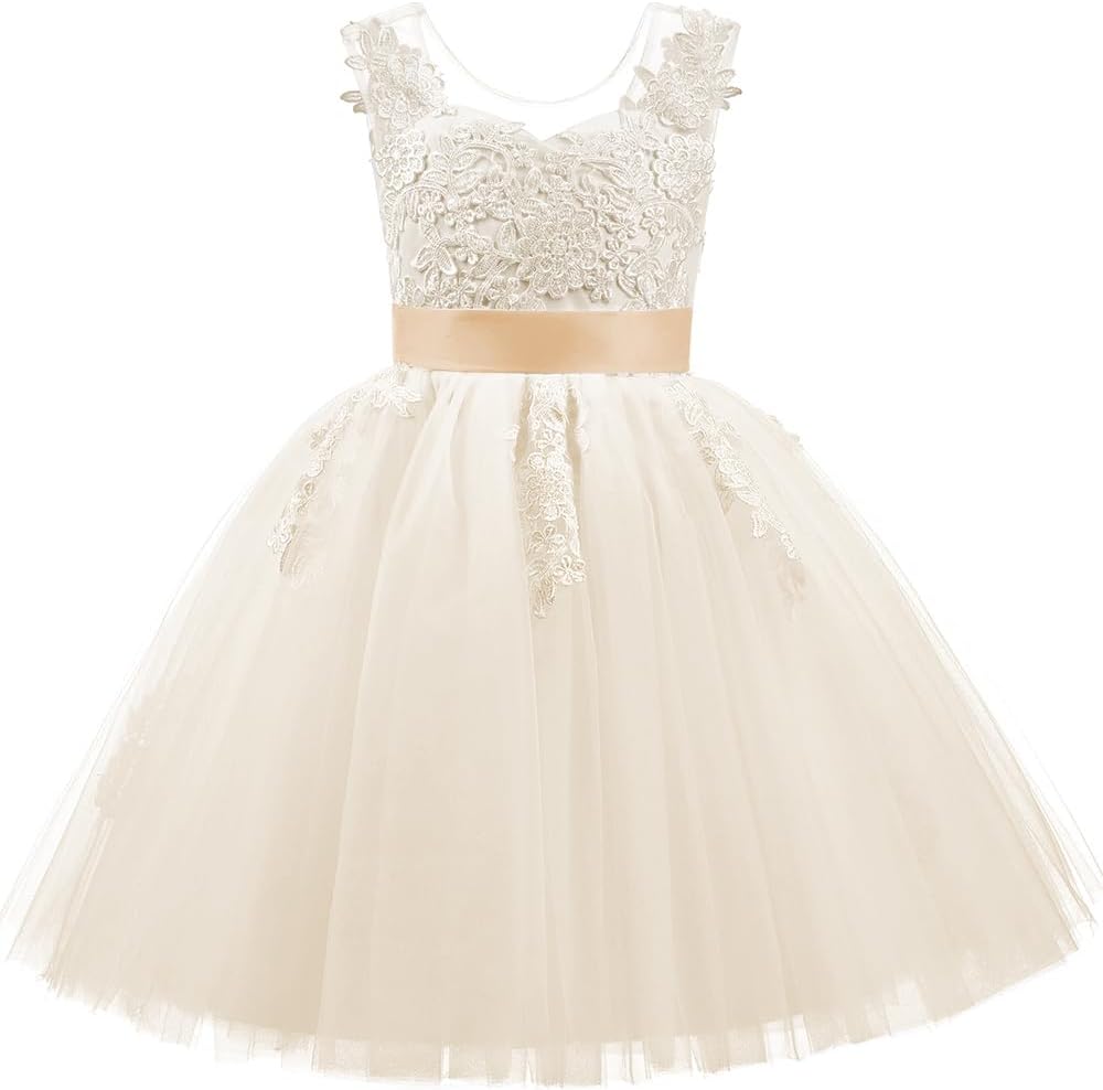 PLWEDDING Spitze V zurück Tüll Blumenmädchen Kleid Junior Mädchen Brautjungfer Hochzeit Partykleider