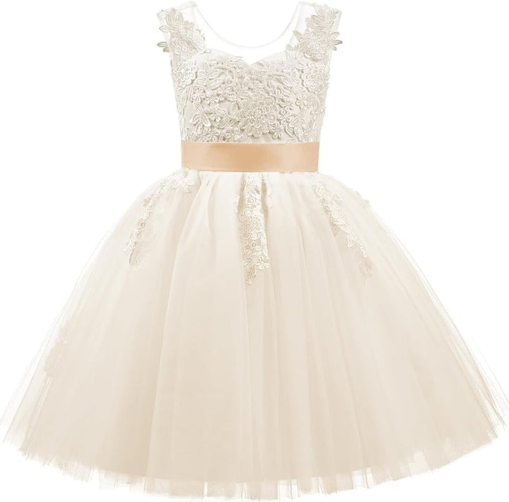 PLWEDDING Spitze V zurück Tüll Blumenmädchen Kleid Junior Mädchen Brautjungfer Hochzeit Partykleider