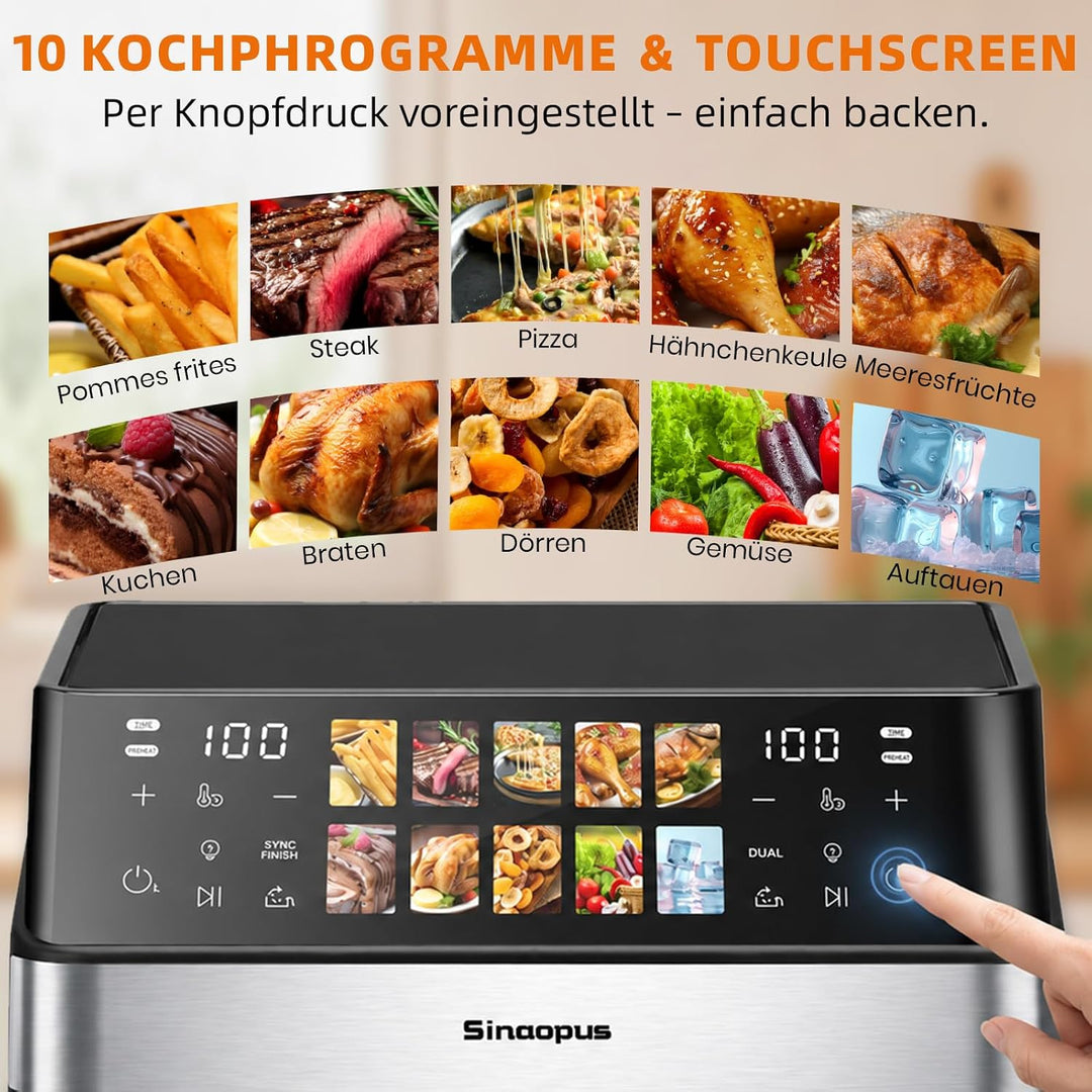 Air Fryer 9L 2000 W, Heissluftfritteuse 2 Kammern mit kühlem Griff | Digitaler Touchscreen, Sichtfen