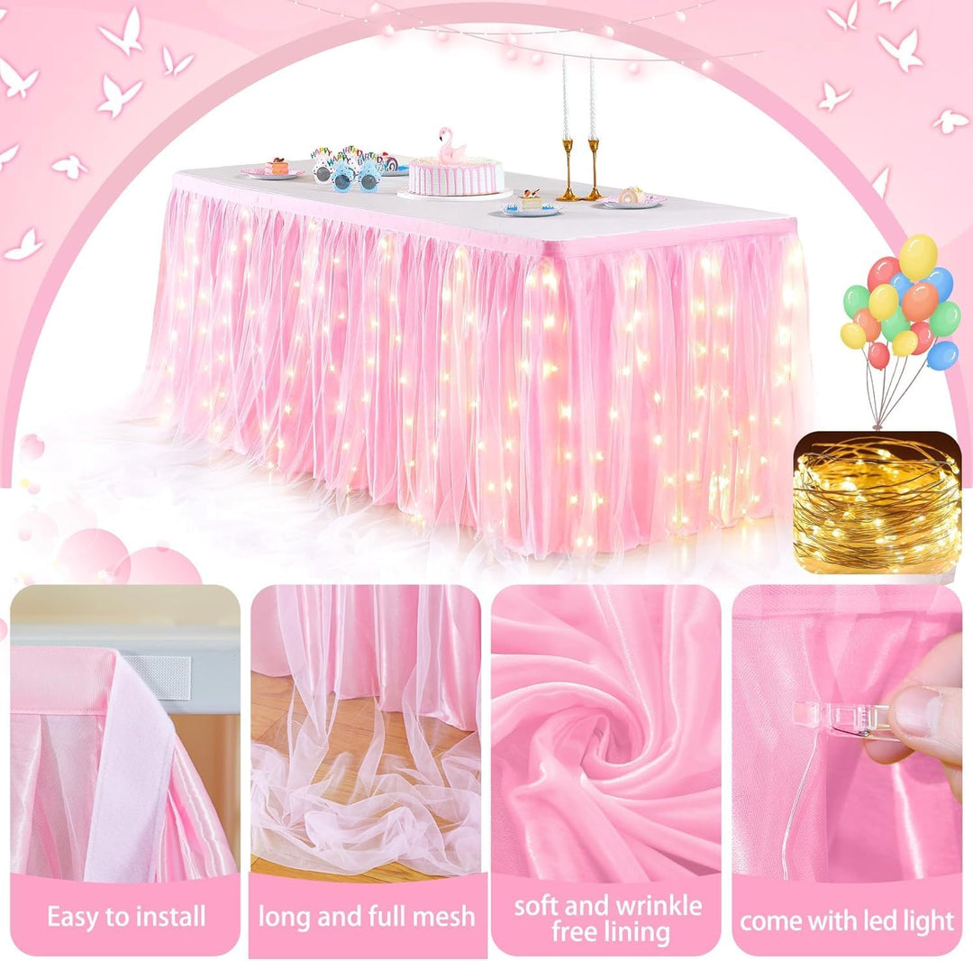 HBBMAGIC Baby Rosa Tüll Tischrock Mit Licht, 2-Langer 183cm Lang Rosa Rüschen Tulle Tischröcke, Wasc