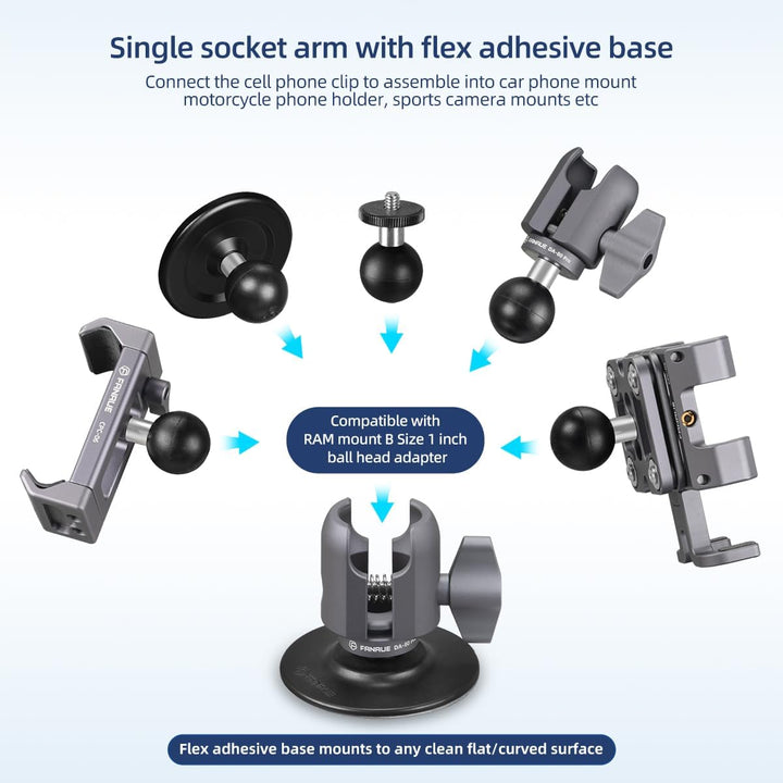 FANAUE Verbindungsarm mit Klebende Kugelkopfbasis Kompatibel mit RAM Mount B Grösse 1" Kugelkopf Ada