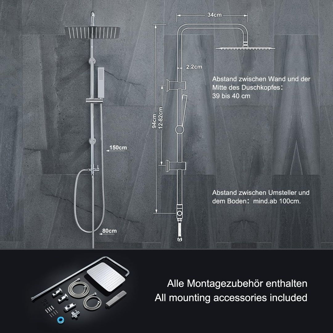 Görbach Edelstahl Duschsystem ohne Armatur, Regendusche Duschset mit Duschstange und Kopfbrause rech