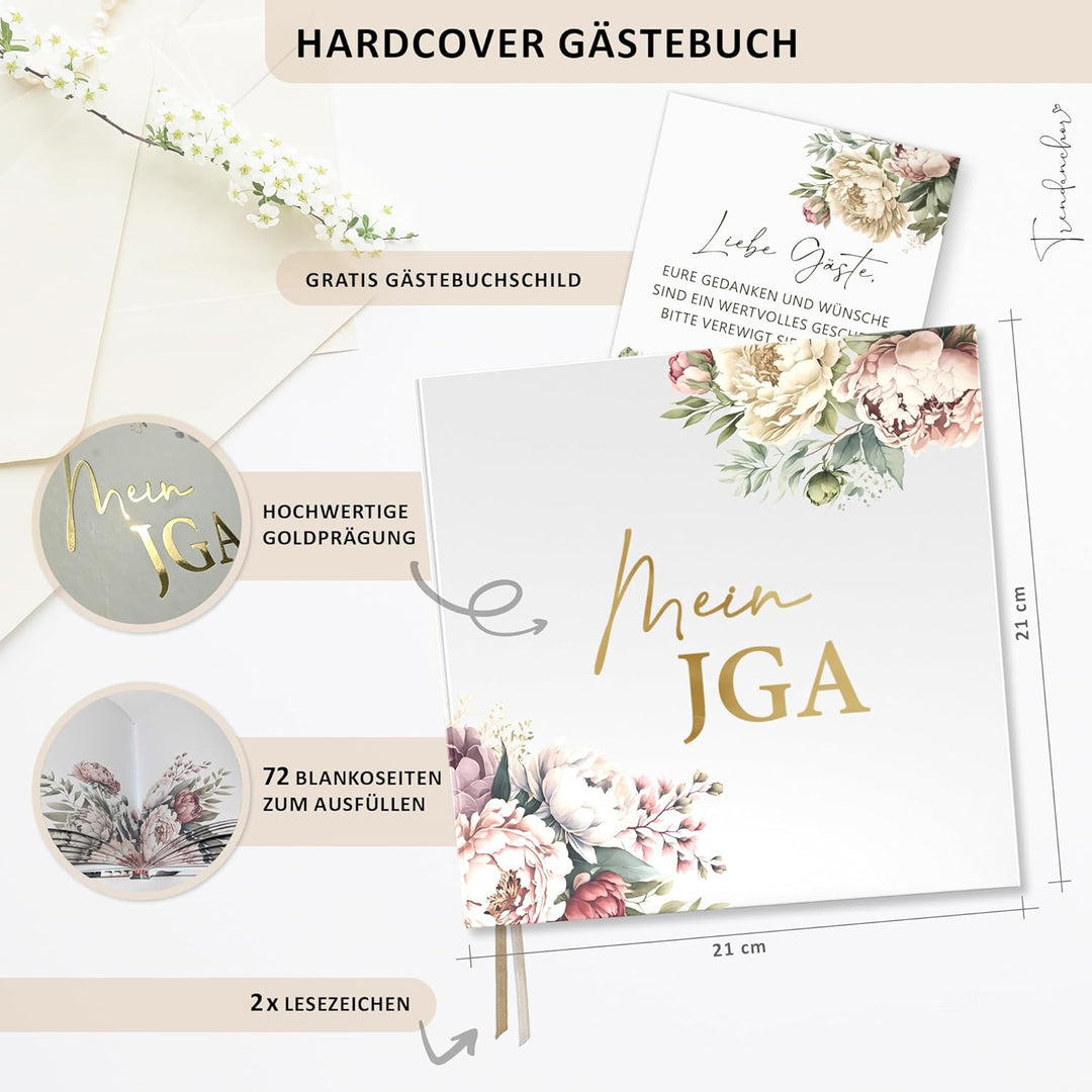 Mein JGA Erinnerungsbuch - Gästebuch für Glückwünsche und Fotos - Hardcover mit Pfingstrosen-Design