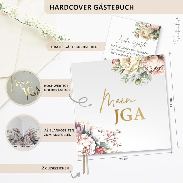 Mein JGA Erinnerungsbuch - Gästebuch für Glückwünsche und Fotos - Hardcover mit Pfingstrosen-Design