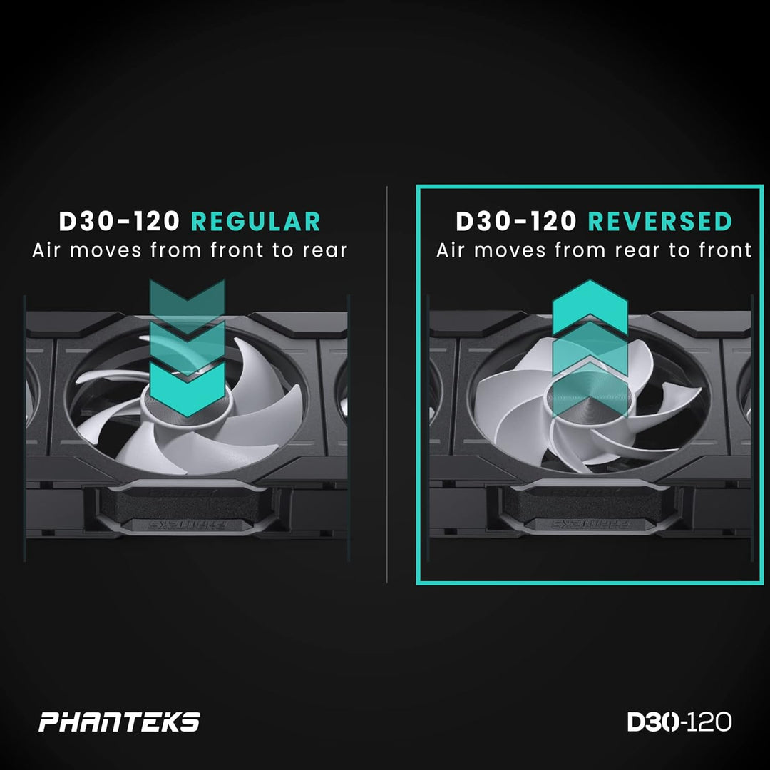 PHANTEKS D30 PWM Reverse Airflow D-RGB Lüfter - 120mm, schwarz 1 Stück - Reverse Black, 1 Stück - Re