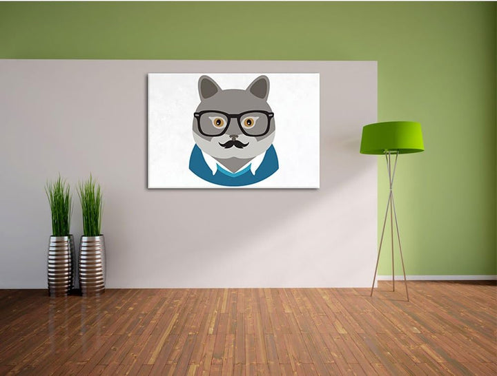 Pixxprint Hipster Katze mi Brille und Schnurbart(Chartreux) weiss, Format: 100x70 auf Leinwand, XXL