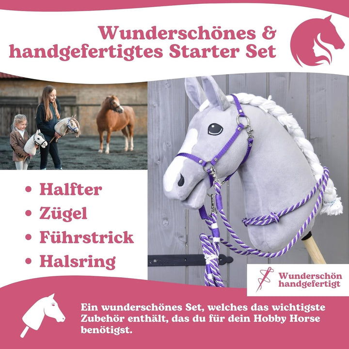 LarDen Hobby Horse Zubehör Set Start - Halfter mit Strick, Halsring, Zügel für Grosse S Steckenpferd