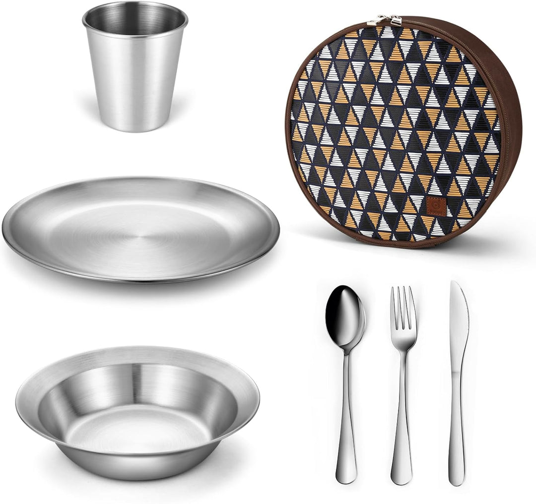 Odoland Campingbesteck Set Geschirrset 7 PCS aus Edelstahl Tafelservice mit Etui Messer Gabel Löffel