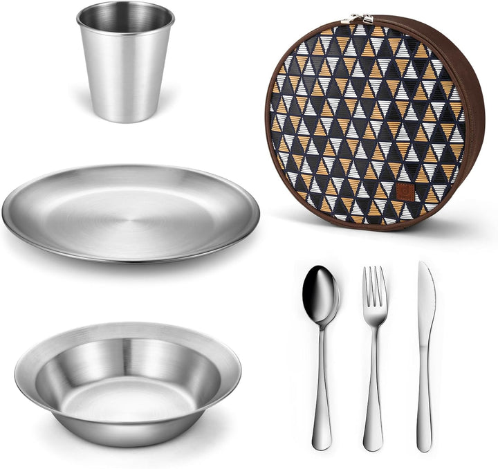 Odoland Campingbesteck Set Geschirrset 7 PCS aus Edelstahl Tafelservice mit Etui Messer Gabel Löffel