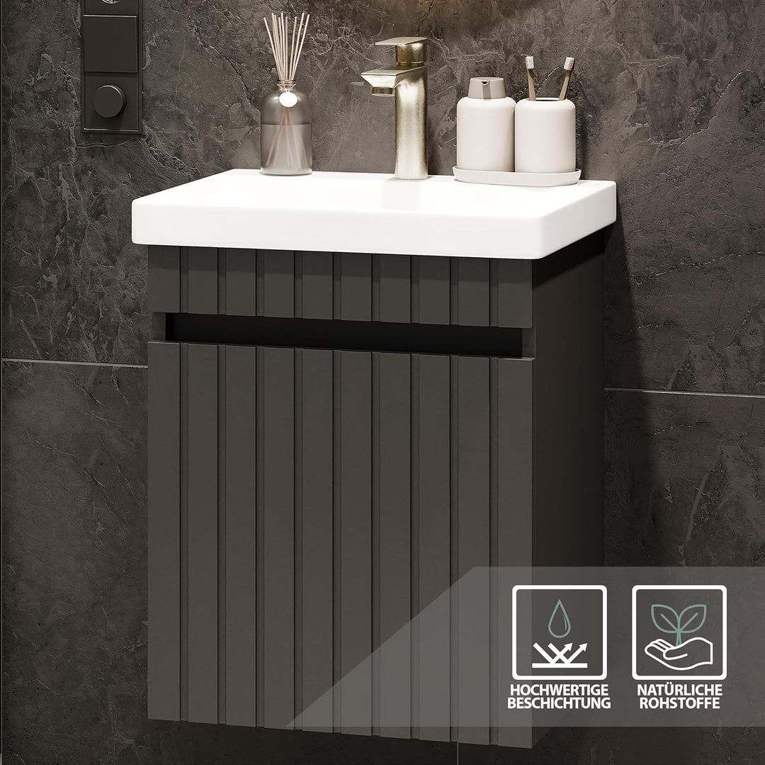 Planetmöbel Cosmia Badmöbel Set Waschtisch mit Unterschrank 50 x 60 x 35 cm Anthrazit, Spiegel mit B