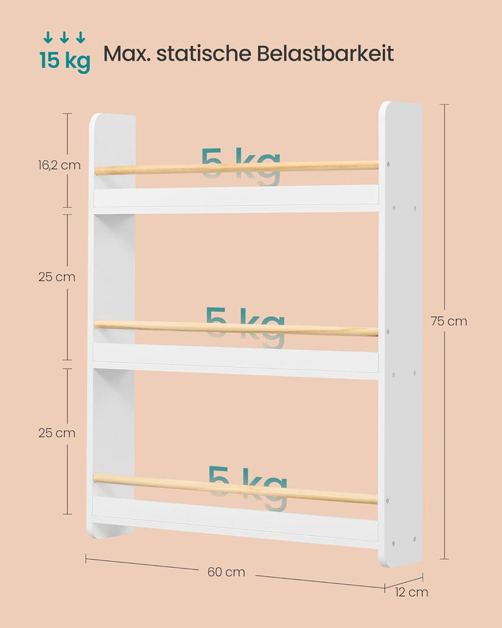 SONGMICS Bücherregal Kinder, Kinderregal mit 3 Ebenen, Spielzeugregal, Wandregal, für Kinderzimmer,