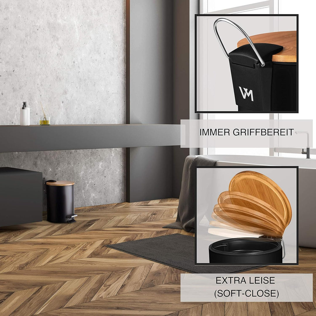 VMbathrooms 3L Kosmetikeimer in edlem schwarzem Design | Tretmülleimer mit Absenkautomatik (Soft Clo