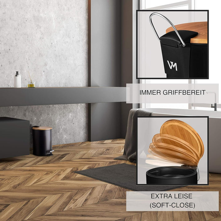 VMbathrooms 3L Kosmetikeimer in edlem schwarzem Design | Tretmülleimer mit Absenkautomatik (Soft Clo