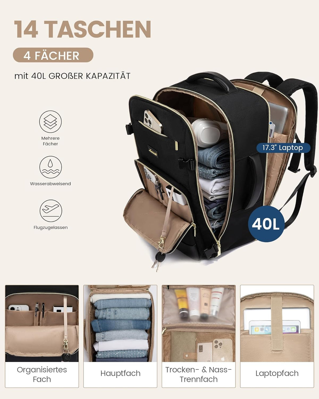 LOVEVOOK Handgepäck Rucksack, 17.3 Zoll Rucksack Handgepäck Flugzeug, Gross Reiserucksack Damen Spri