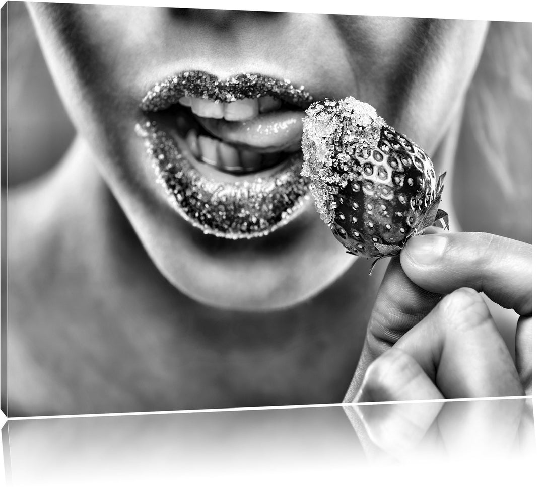 Pixxprint Erdbeere Zucker Lippen als Leinwandbild/Grösse: 100x70 cm/Wandbild/Kunstdruck/fertig bespa