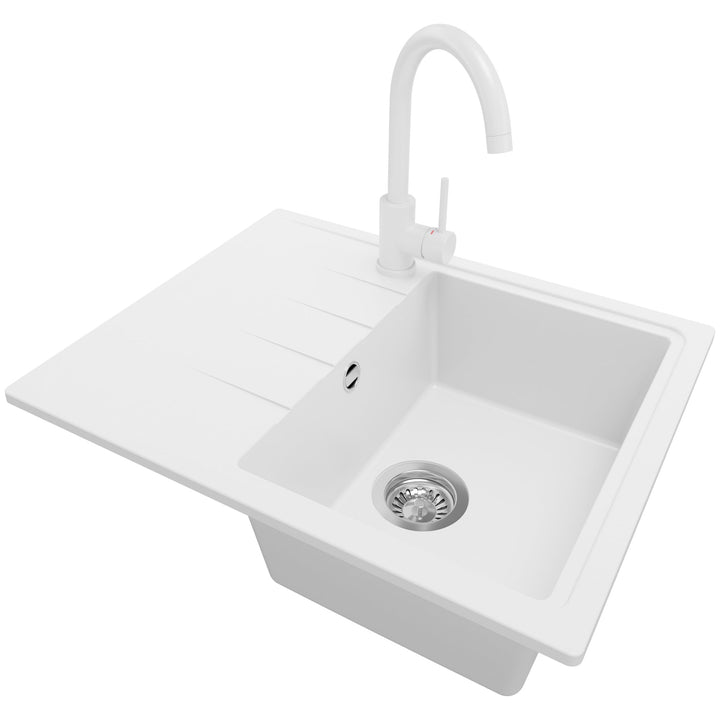 Spülbecken Weiss 62x50 cm, Granitspüle + Ablauf-Set + Küchenarmatur 5000, Küchenspüle für 40er Unter