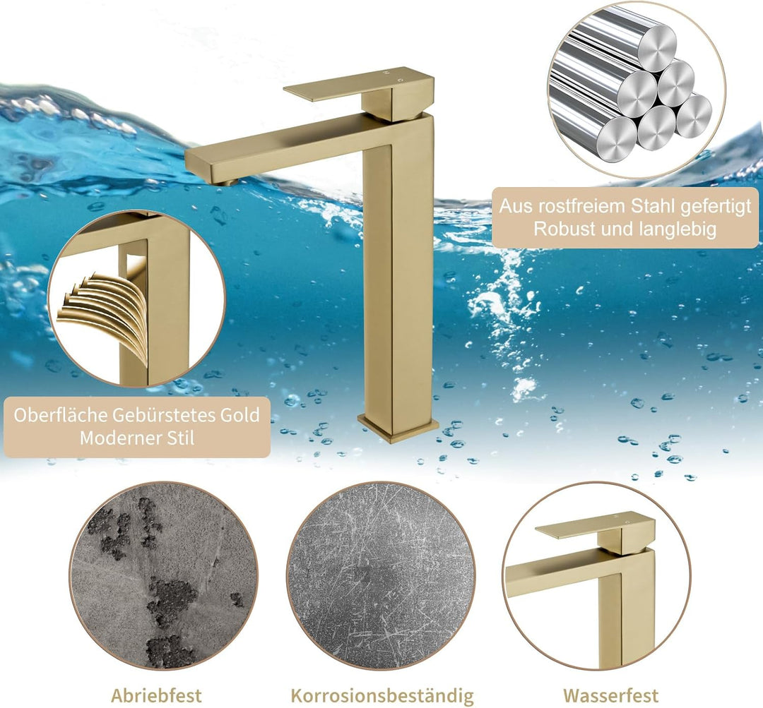 Wasserhahn Bad Gold - Waschtischarmatur Hoch aus Edelstahl mit Geräuscharmem Keramischem Ventilkern,