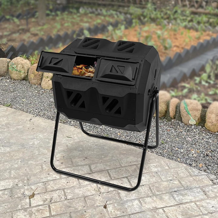 160L Taumelkomposter,Rotierender Doppelkammer Trommelkomposter Gartenkomposter mit Zwei Kammern Trom