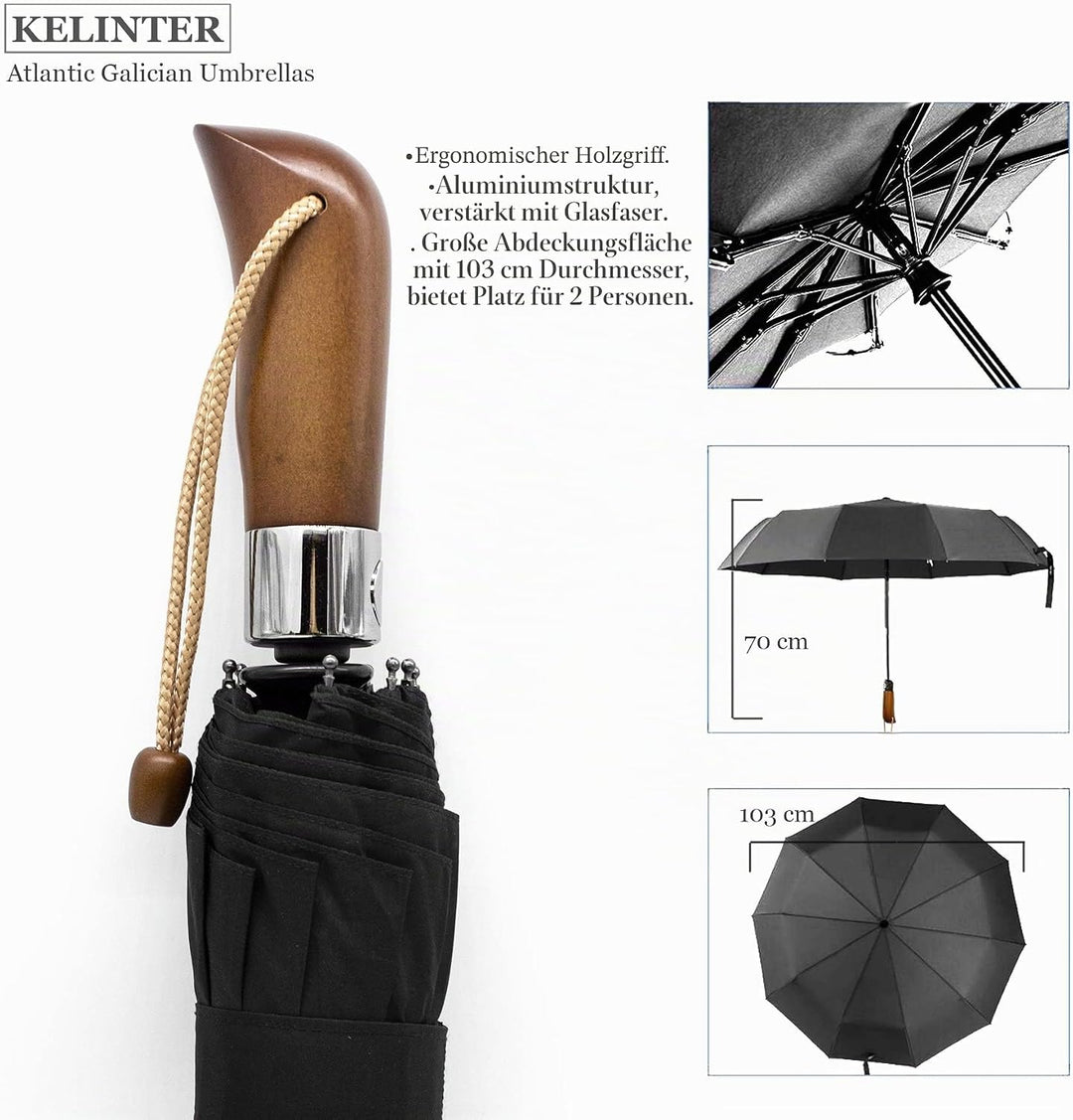 Regenschirm mit Holzgriff, Winddicht, zusammenklappbar, mit automatischem Öffnen und Schliessen, Tef