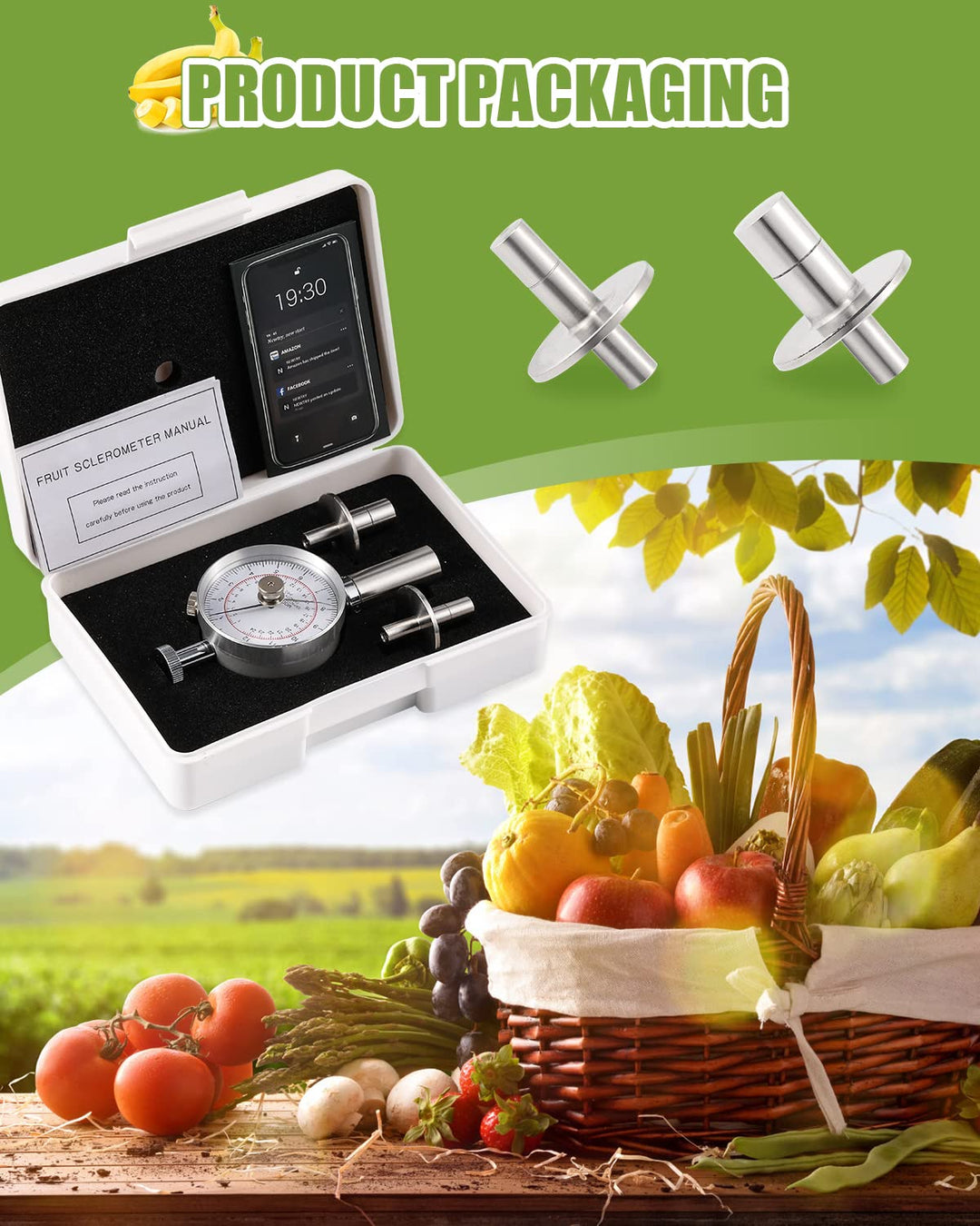 NEWTRY Frucht Penetrometer Fruchthärteteprüfer zur Bestimmung der Reife von Früchte mit 2 Prüfspitze