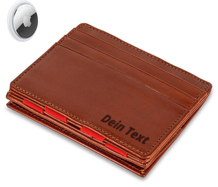 Jaimie Jacobs Flap Boy AirTag-Edition mit Gravur Magic Wallet Echtleder (Dunkelbraun mit Rot), Dunke