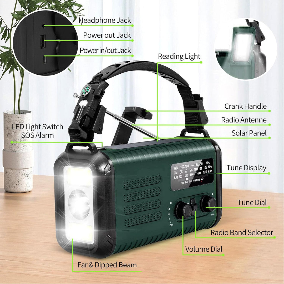 Jectse Handkurbel Notio -Radio, AM FM NOAA Solar Weather Radio mit LED -Taschenlampen -Lesen Lampe S