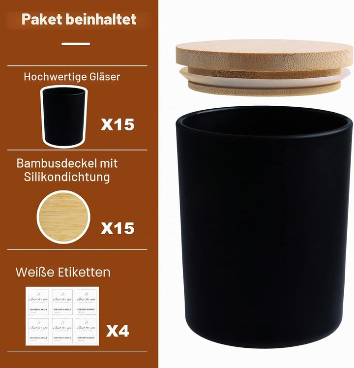 CONNOO 15 Stück 200 ml Matt Schwarze Glas-Kerzengläser für die Herstellung von Kerzen mit luftdichte