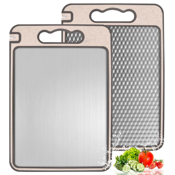 Edelstahl Schneidebrett 2er Set – Doppelseitig aus Edelstahl & Weizenstroh, 36,5 × 24,8 cm – Antibak