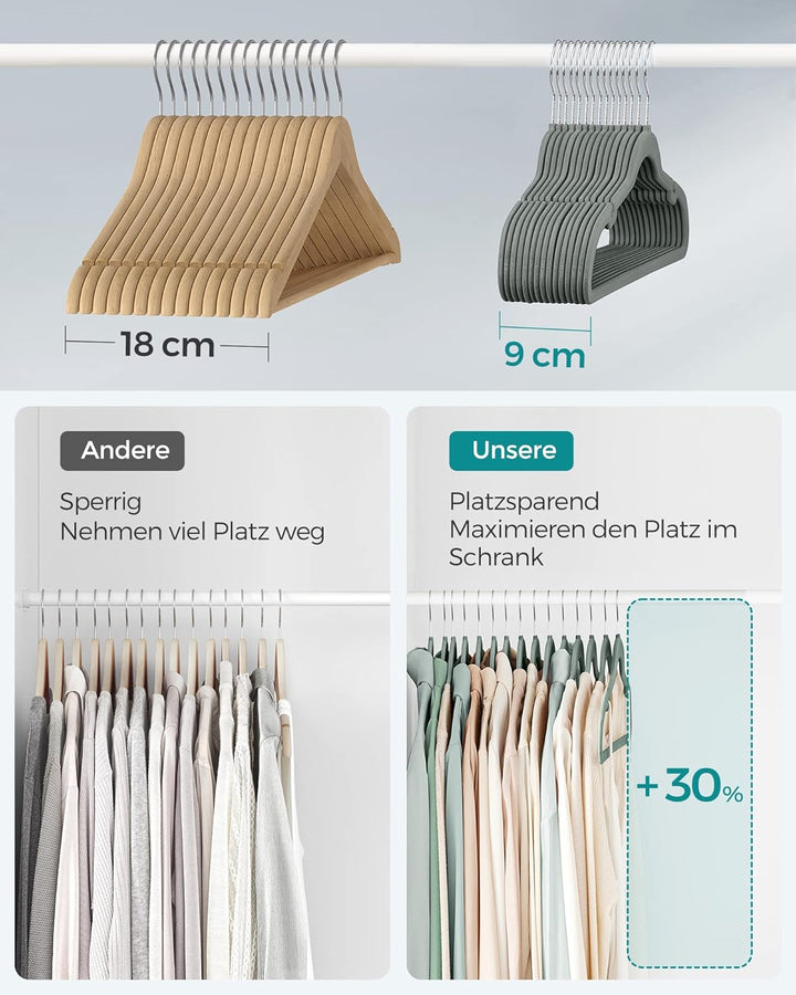 SONGMICS Kleiderbügel Samt, 30er Set, Bügel, rutschfest, mit Einkerbungen im Schulterbereich, Steg f