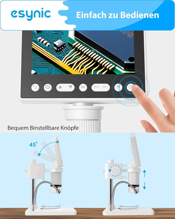eSynic USB Mikroskop 4,5 Zoll IPS Bildschirm, 1000x Vergrösserung, 2 Schwanenhalogenleuchten, 32GB S
