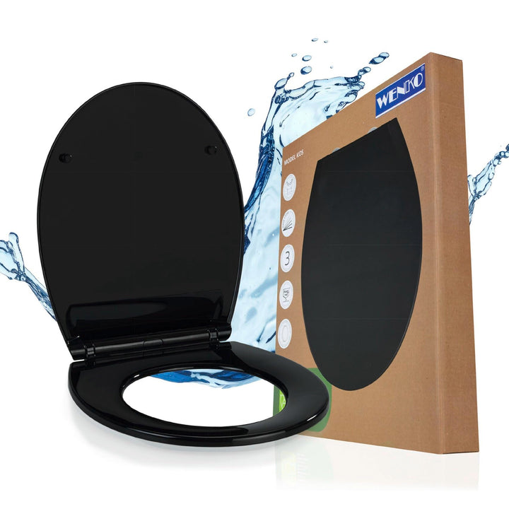 WENKO Premium WC-Sitz Kos Schwarz, Toilettendeckel mit Absenkautomatik und Fix-Clip Hygiene Befestig