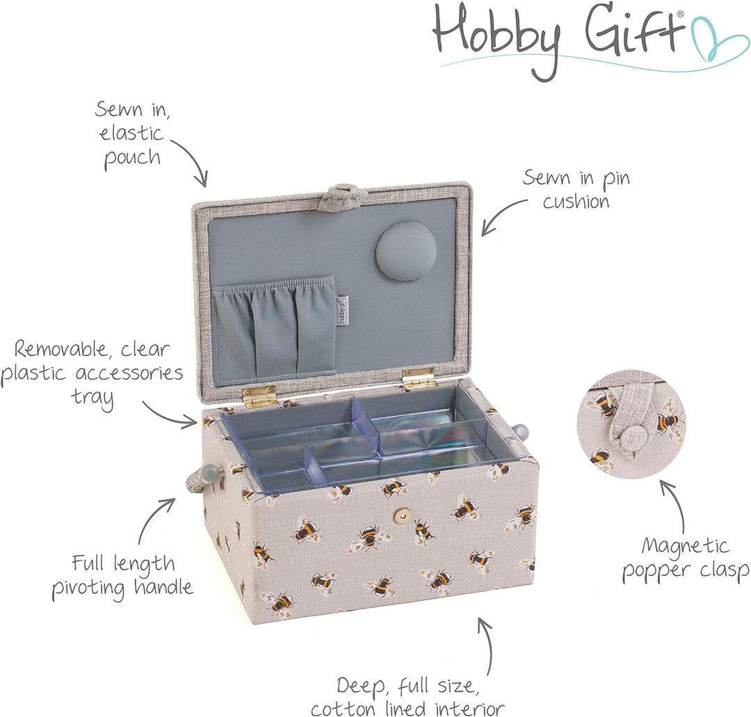 Hobby Gift Medium Näh-Aufbewahrungsbox, Holz/Stoff, Gestickte glückliche Biene, Gestickte Glückliche