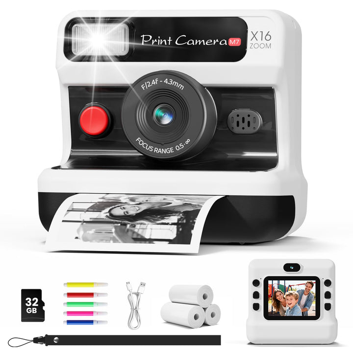 Kinderkamera Sofortbildkamera, 1080P HD Sofortbildkamera Kinder mit 32 GB Karte und 3 Papierrollen,