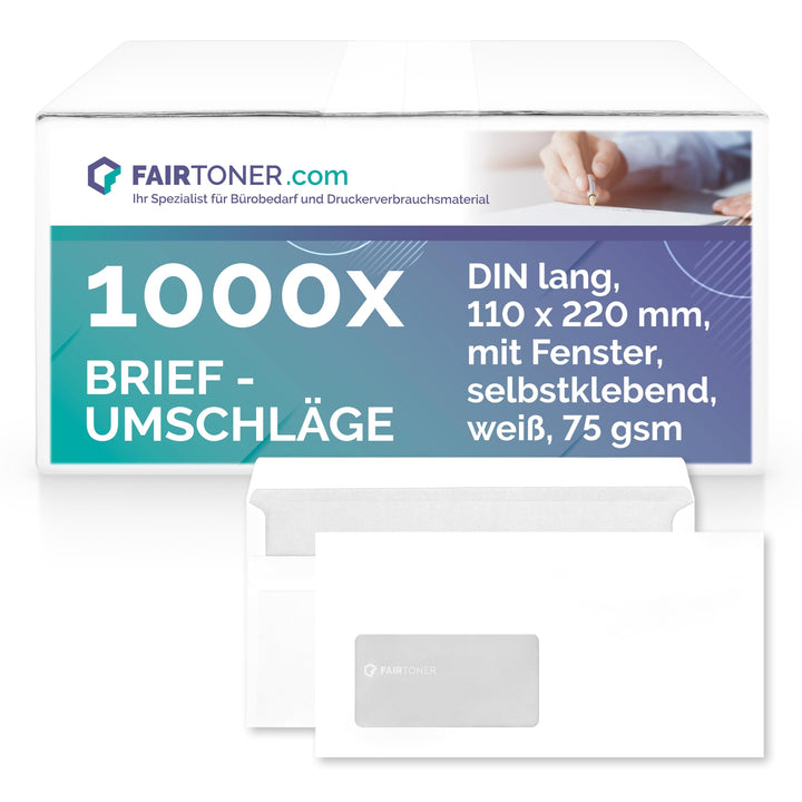 FairToner Briefumschläge DIN lang mit Fenster (1.000 Stück) selbstklebend, Fensterbriefumschläge 22