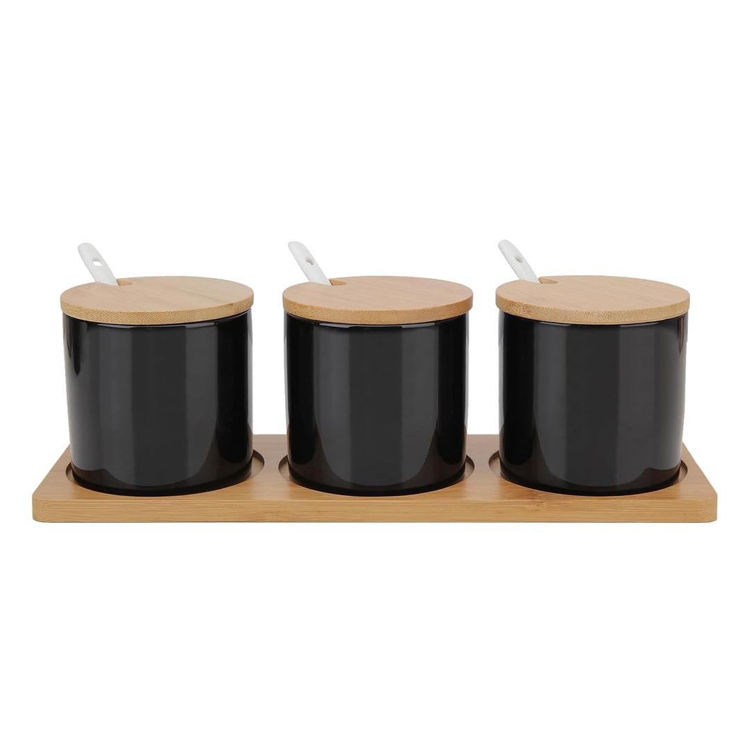 3 Stück Keramik Zuckerdose, Topf mit Salz, Gewürzglas, Box mit Löffel und Bambusdeckel (schwarz) Noi