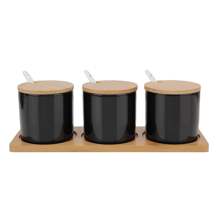 3 Stück Keramik Zuckerdose, Topf mit Salz, Gewürzglas, Box mit Löffel und Bambusdeckel (schwarz) Noi