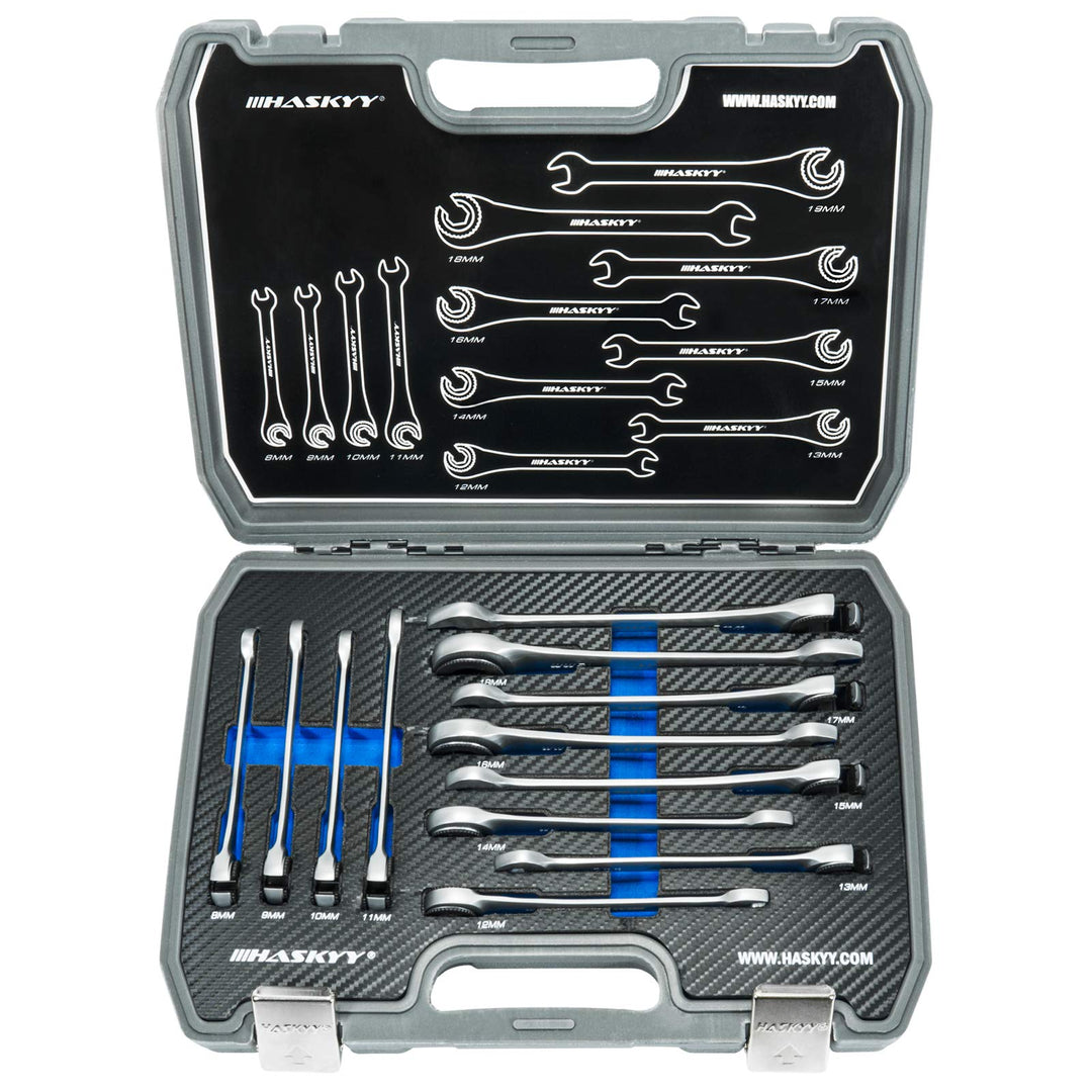 HASKYY 12tlg. 8-19mm offenes Ratschenschlüsselset Ratschenschlüssel Set Maulringschlüssel Bremsleitu